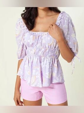 Hale Bob Gardenia Floral Print Puff Sleeve Women’s Top Size XL NWT